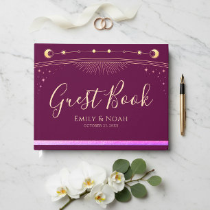 Celestial Fuchsia Gold Sun Moon Stars Wedding  Guest Book