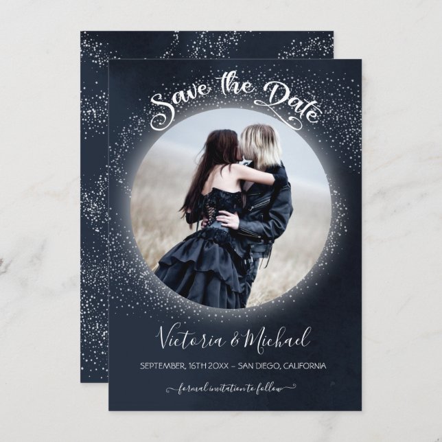 Celestial Full Moon and Stars Photo Save the Date Invitation (Front/Back)