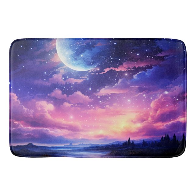 Celestial Full Moon Stars Clouds Mystical Purple Bath Mat (Front)