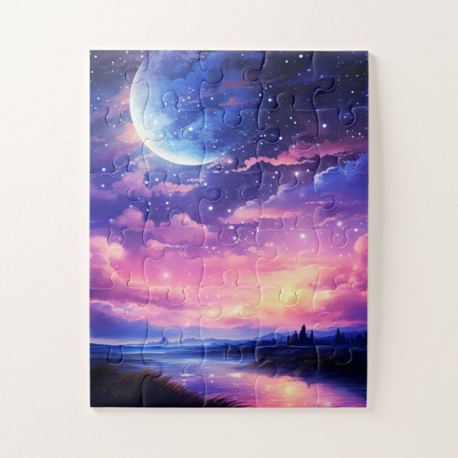 Celestial Full Moon Stars Clouds Mystical Purple Jigsaw Puzzle (Vertical)