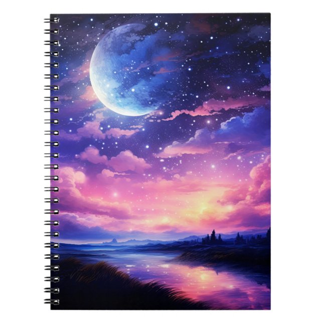 Celestial Full Moon Stars Clouds Mystical Purple Notebook (Front)