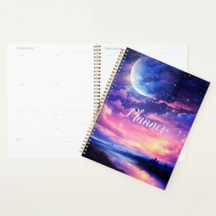 Celestial Full Moon Stars Clouds Mystical Purple Planner