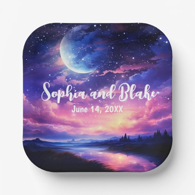 Celestial Full Moon Stars Clouds Mystical Wedding Paper Plate (Front)