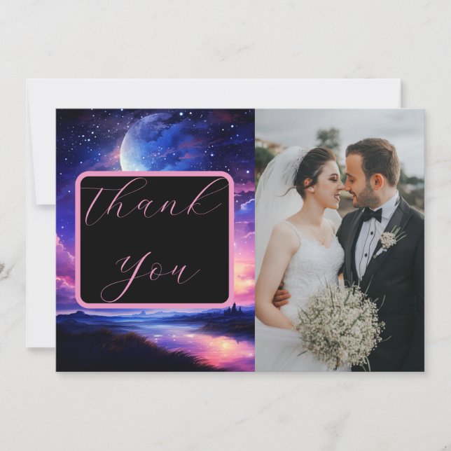 Celestial Full Moon Stars Clouds Photo Wedding Thank You Card (Front)
