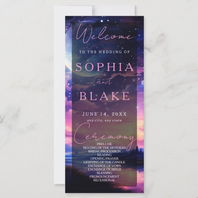 Celestial Full Moon Stars Clouds Wedding Program (Front)