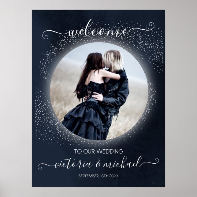 Celestial Full Moon & Stars Photo Wedding Welcome Poster (Front)