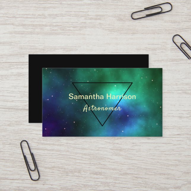 Celestial Galaxy Astrology Green Triangle Chic Business Card (Front/Back In Situ)