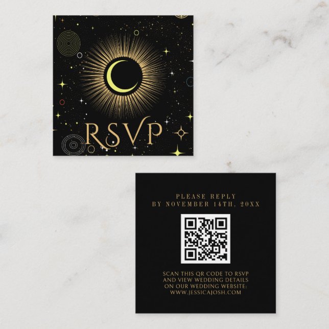 Celestial Galaxy Black QR Code Wedding RSVP Enclosure Card (Front/Back)