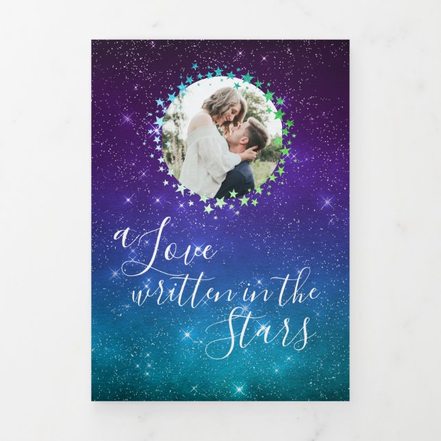 Celestial Galaxy Night Sky Stars Photo Wedding Tri-Fold Invitation (Cover)