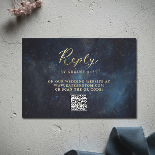 Celestial Galaxy Stars Midnight Navy Wedding QR RSVP Card