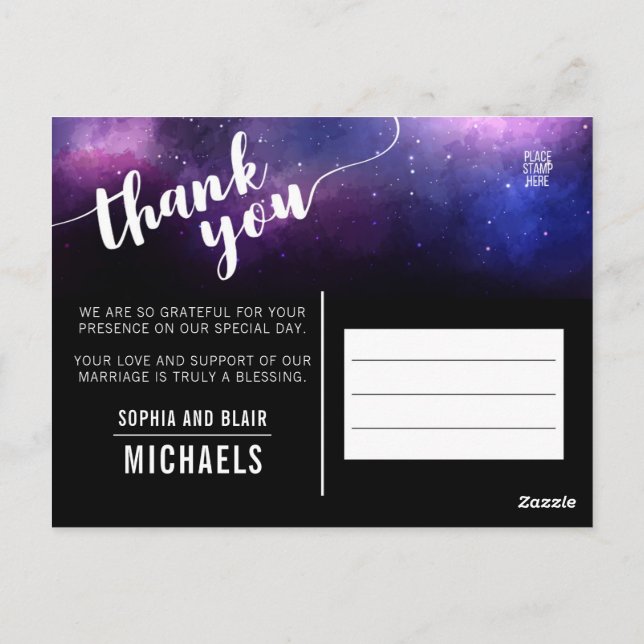 Celestial Galaxy Stars Wedding Thank You Photo Postcard (Back)