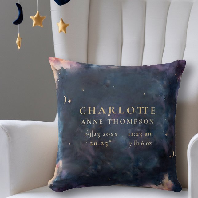 Celestial Gift Birth Stats Keepsake Navy Nursery Throw Pillow (celestial baby birth stats keepsake throw pillow twinkle star moon cosmos galaxy nursery decor)