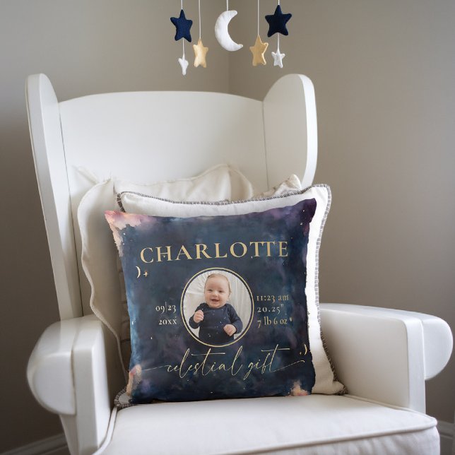 Celestial Gift Birth Stats Keepsake Photo Nursery Throw Pillow (celestial baby birth stats keepsake throw pillow twinkle star moon cosmos galaxy dark navy blue gold)
