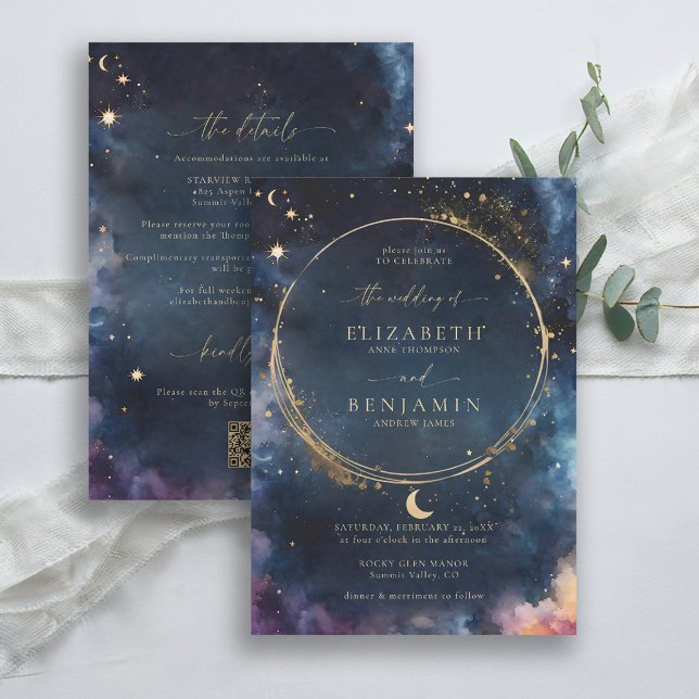 Celestial Gift Midnight Blue All in One Wedding Invitation (celestial wedding invitation all in one rsvp qr details watercolor starry night sky galaxy universe )
