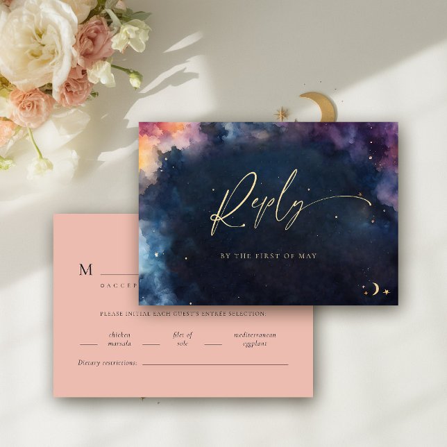 Celestial Gift Midnight Blue Meal Wedding RSVP (celestial wedding rsvp meal card cosmic watercolor starry night sky galaxy universe navy blue peach)
