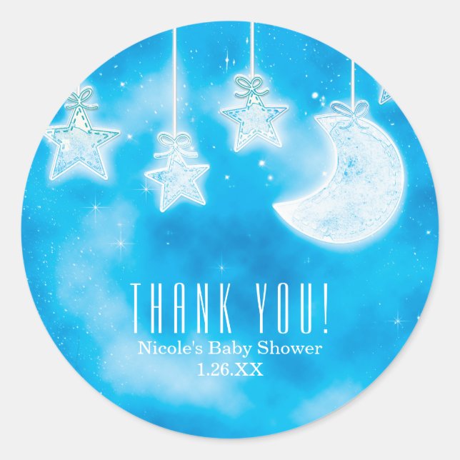 Celestial Glowing Stars & Moon Blue Sky Shower Classic Round Sticker (Front)