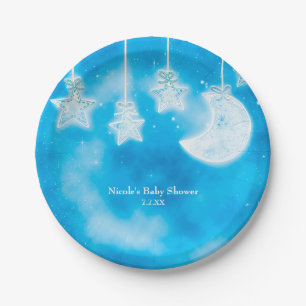 Celestial Glowing Stars & Moon Blue Sky Shower Paper Plate