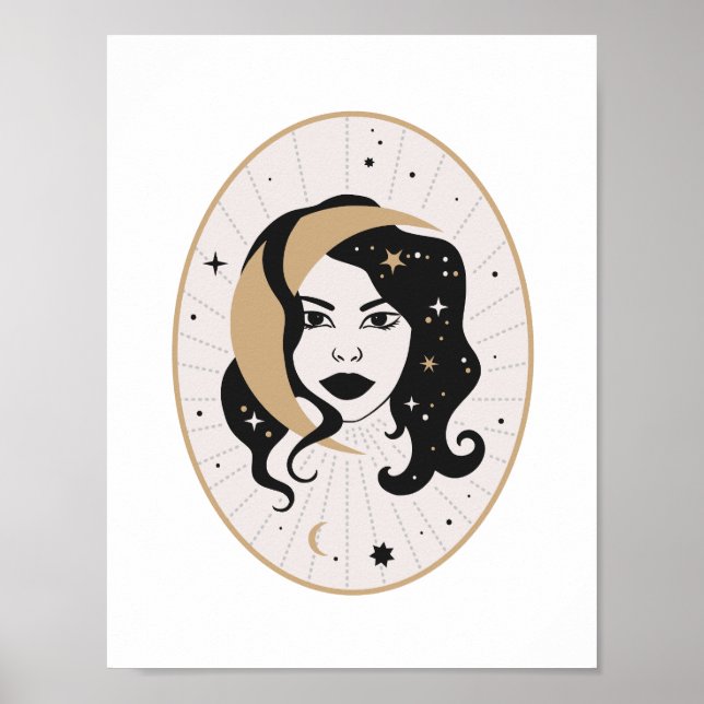 Celestial Goddess Moon Face Magic Stars Mystic Art Poster (Front)