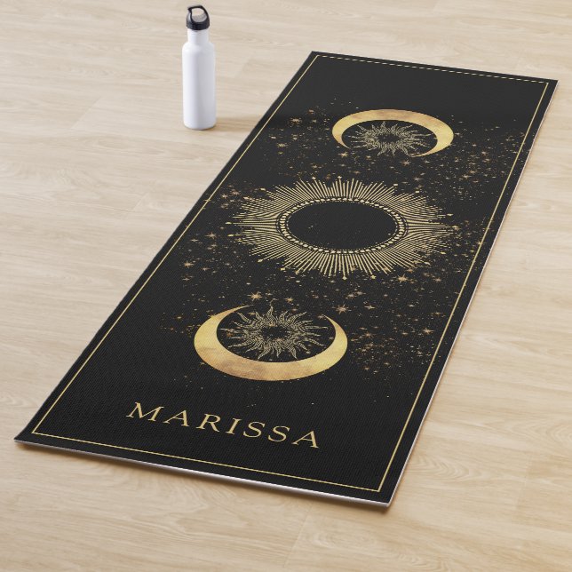 Celestial Gold Black Sun Moon Phase Personalized  Yoga Mat (In Situ)