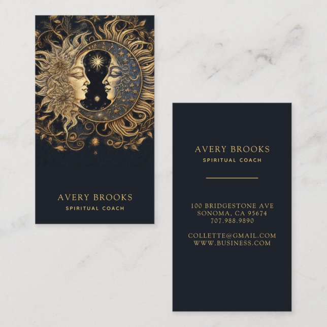 Celestial Gold Black Sun Moon Spiritual Coach Business Card (Front/Back)