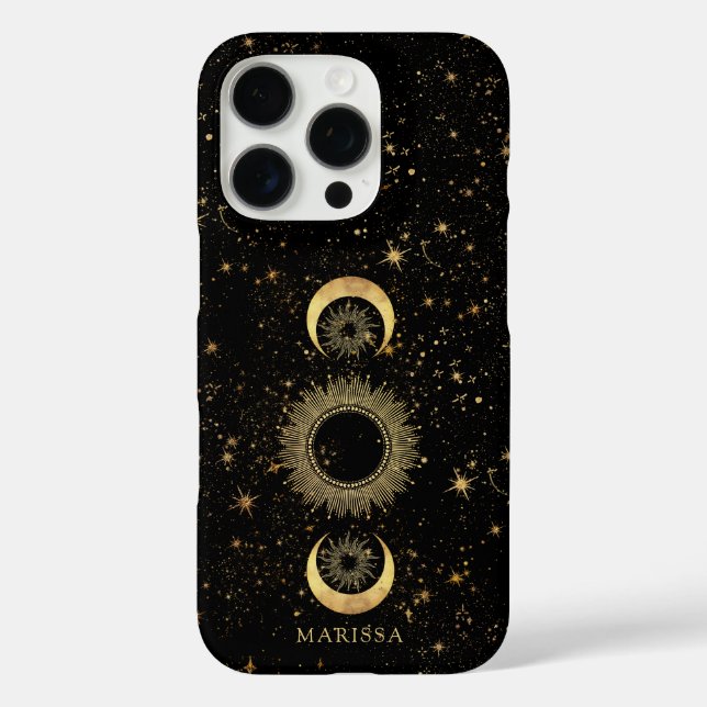 Celestial Gold Black Sun Moon Stars Personalized Case-Mate iPhone Case (Back)