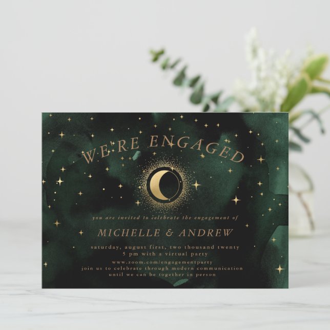 Celestial Gold Crescent Moon Virtual Engagement Invitation (Standing Front)