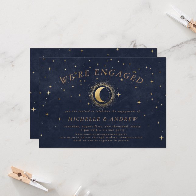 Celestial Gold Crescent Moon Virtual Engagement Invitation (Front/Back In Situ)