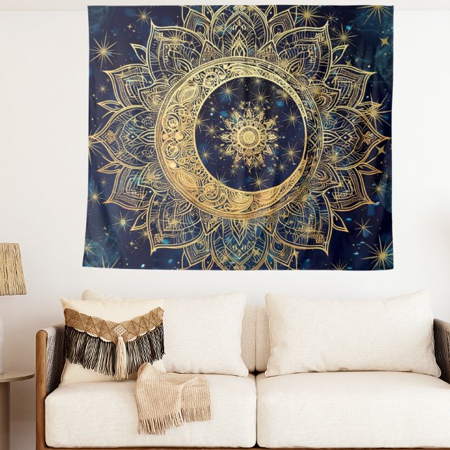 Celestial Gold Mandala Sun Moon Galaxy Blue Night  Tapestry (Creator Uploaded)