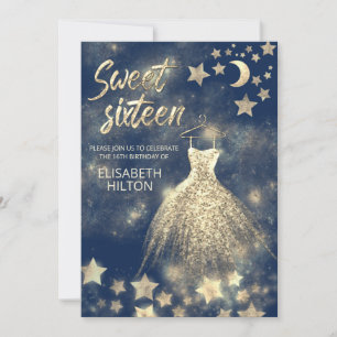Celestial gold moon and stars sweet sixteen invitation