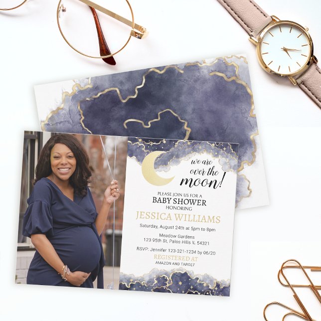 Celestial gold moon baby shower photo invitation (Creator Uploaded)