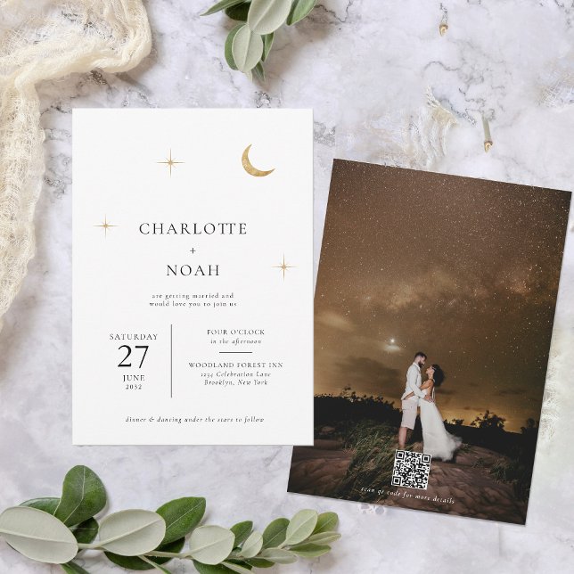 Celestial Gold Moon Stars Photo QR Code Wedding Invitation (Creator Uploaded)