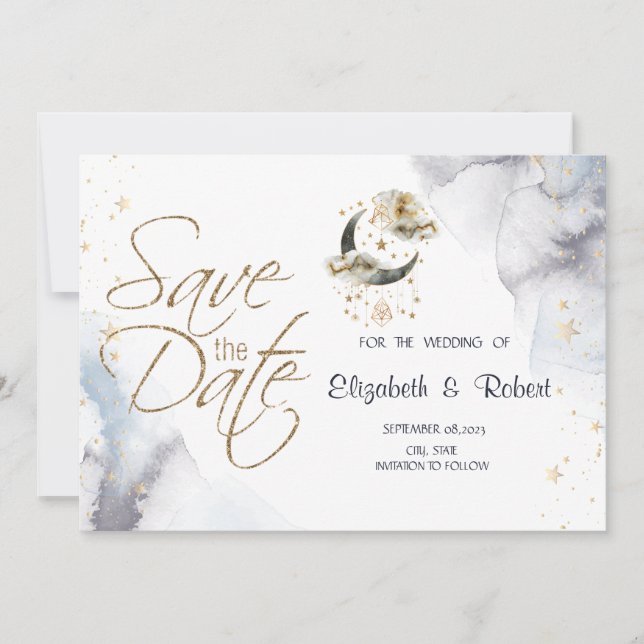 Celestial Gold Moon Stars  Save The Date (Front)
