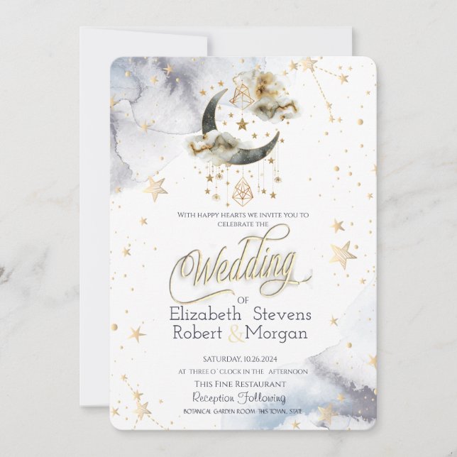 Celestial Gold Moon Stars Watercolor Invitation (Front)