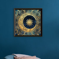 Celestial Gold Moon Sun Mandala Watercolor Nebula