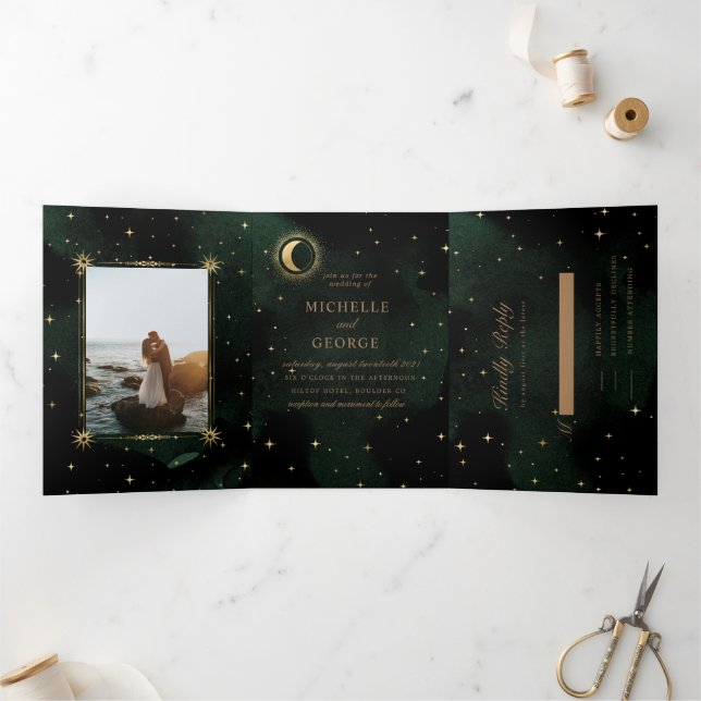 Celestial Gold Moon Tri Fold Wedding Invitation (Inside)