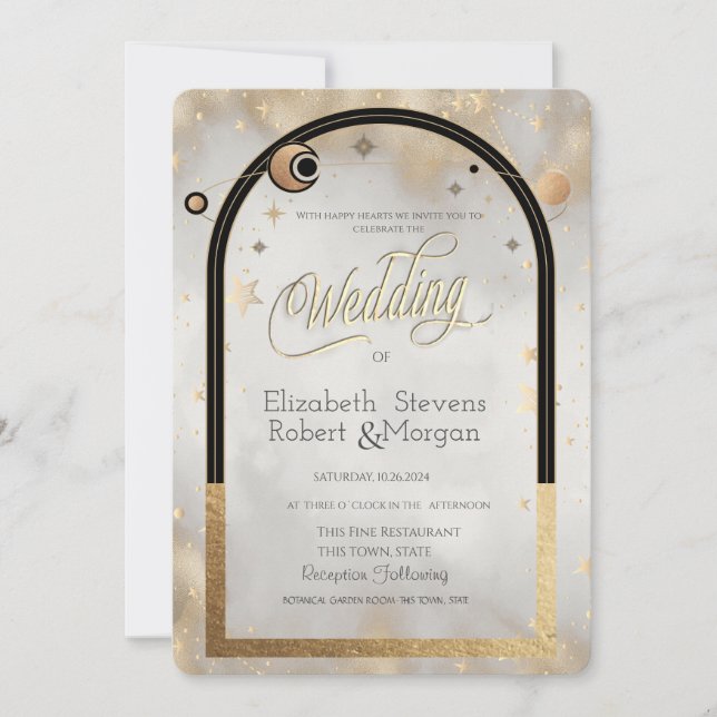 Celestial Gold Star Sun And Moon Galaxy Wedding Invitation (Front)