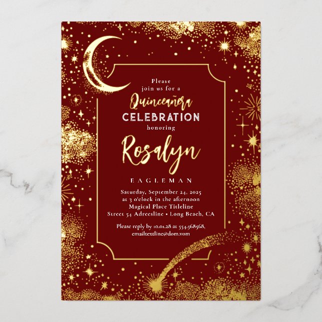 Celestial Gold Stars and Moon Night Quinceanera  (Front)