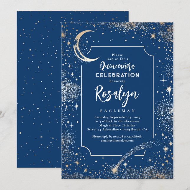 Celestial Gold Stars and Moon Night Quinceanera  Invitation (Front/Back)