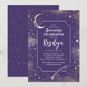 Celestial Gold Stars and Moon Night Quinceanera  Invitation