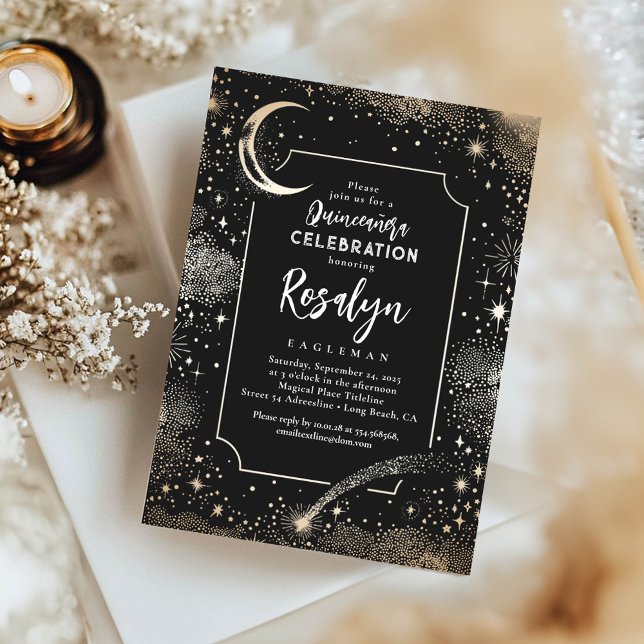 Celestial Gold Stars and Moon Night Quinceanera  Invitation (Black Quinceanera Invitations)