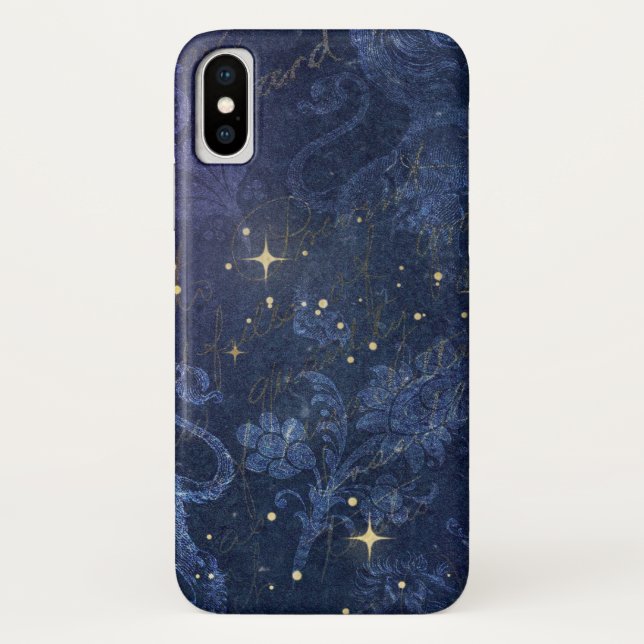 Celestial gold stars blue floral flocked fade text Case-Mate iPhone case (Back)