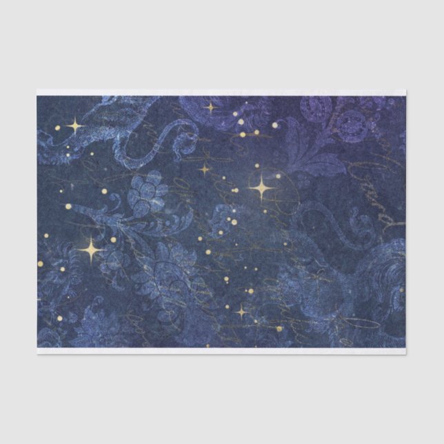 Celestial gold stars blue floral flocked faded  tissue paper (Front)