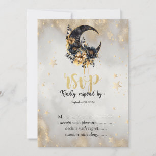 Celestial Gold Stars Floral Moon RSVP Invitation