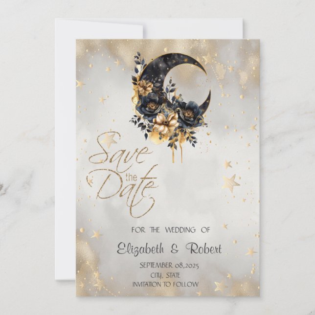 Celestial Gold Stars Floral Moon Save The Date (Front)