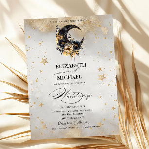 Celestial Gold Stars Floral Moons Script Invitation