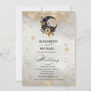 Celestial Gold Stars Floral Moons Script Invitation