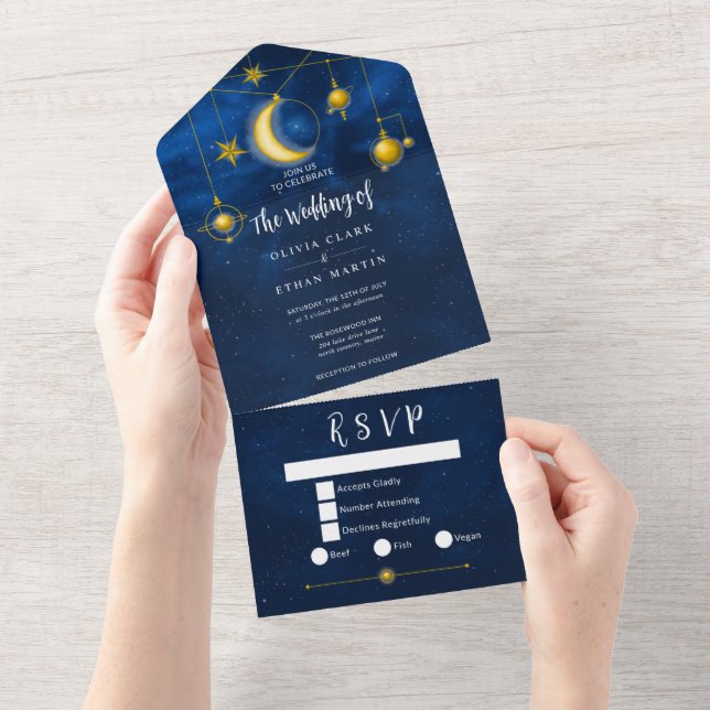 Celestial Gold Stars Midnight Blue Romantic All In One Invitation (Tearaway)