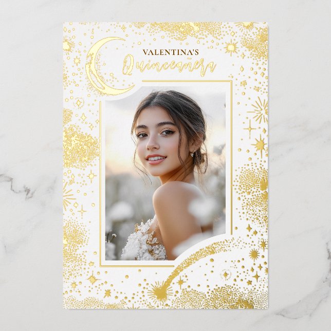 Celestial Gold Stars Moon Night Quinceanera Photo (Front)