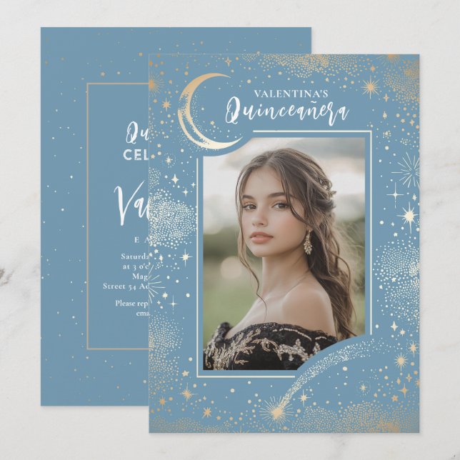 Celestial Gold Stars Moon Night Quinceanera Photo Invitation (Front/Back)