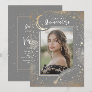 Celestial Gold Stars Moon Night Quinceanera Photo Invitation